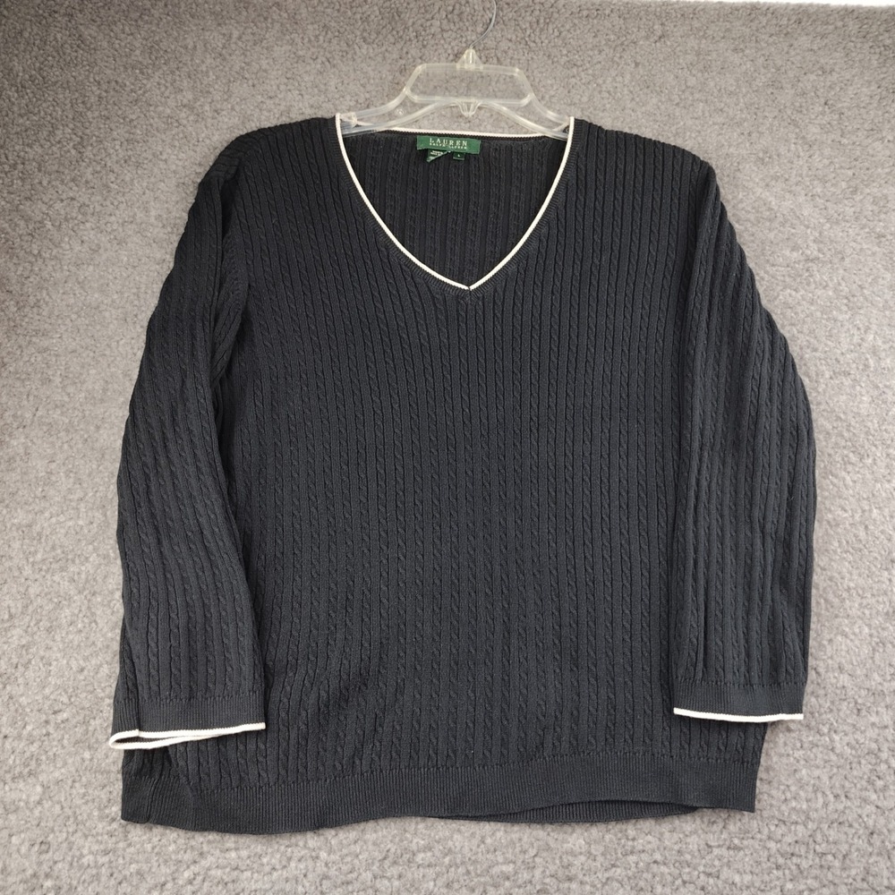Lauren Ralph Lauren Navy Blue Cable Knit V-Neck Cotton Sweater White Trim Large